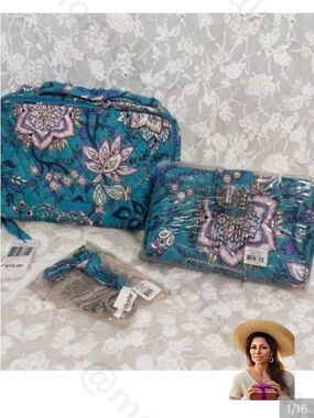 Vera Bradley Bundle Set of 3 Peacock Garden Large Makeup Bag, Wallet & Lanyard